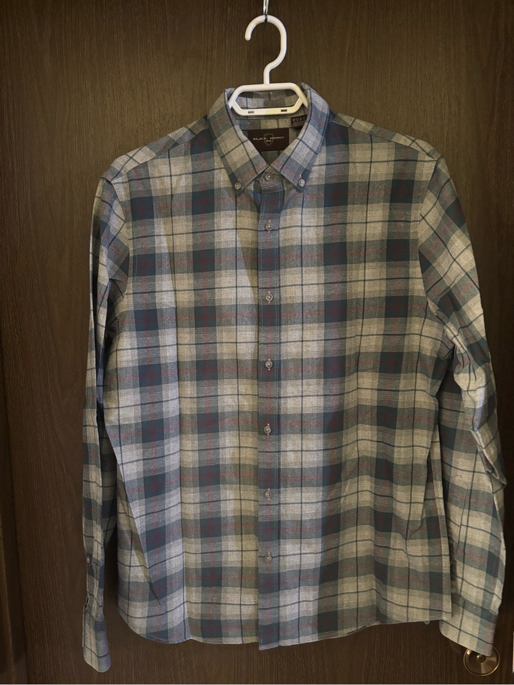 Black Brown Men's Plaid Button-Down Shirt in Blue and Gray